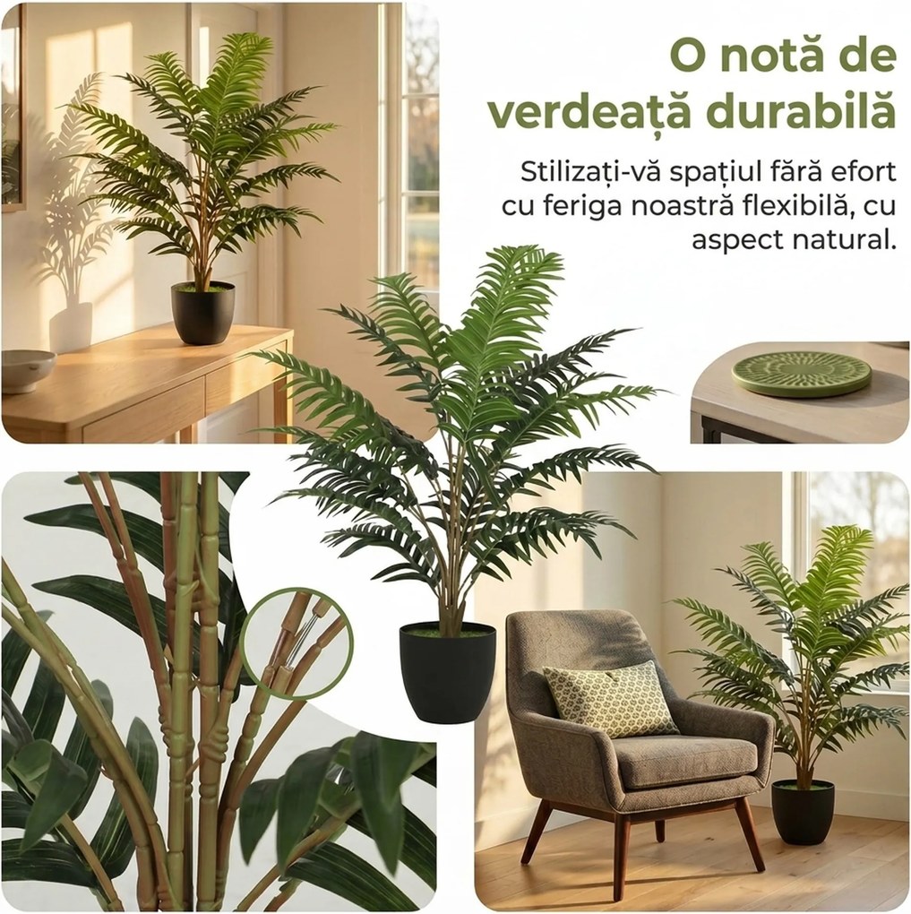 HOMCOM Plantă Artificială de Ferigă cu 20 de Frunze din PEVA, Ramuri Flexibile, Ghiveci Negru din PP și Ciment, Verde | Aosom Romania