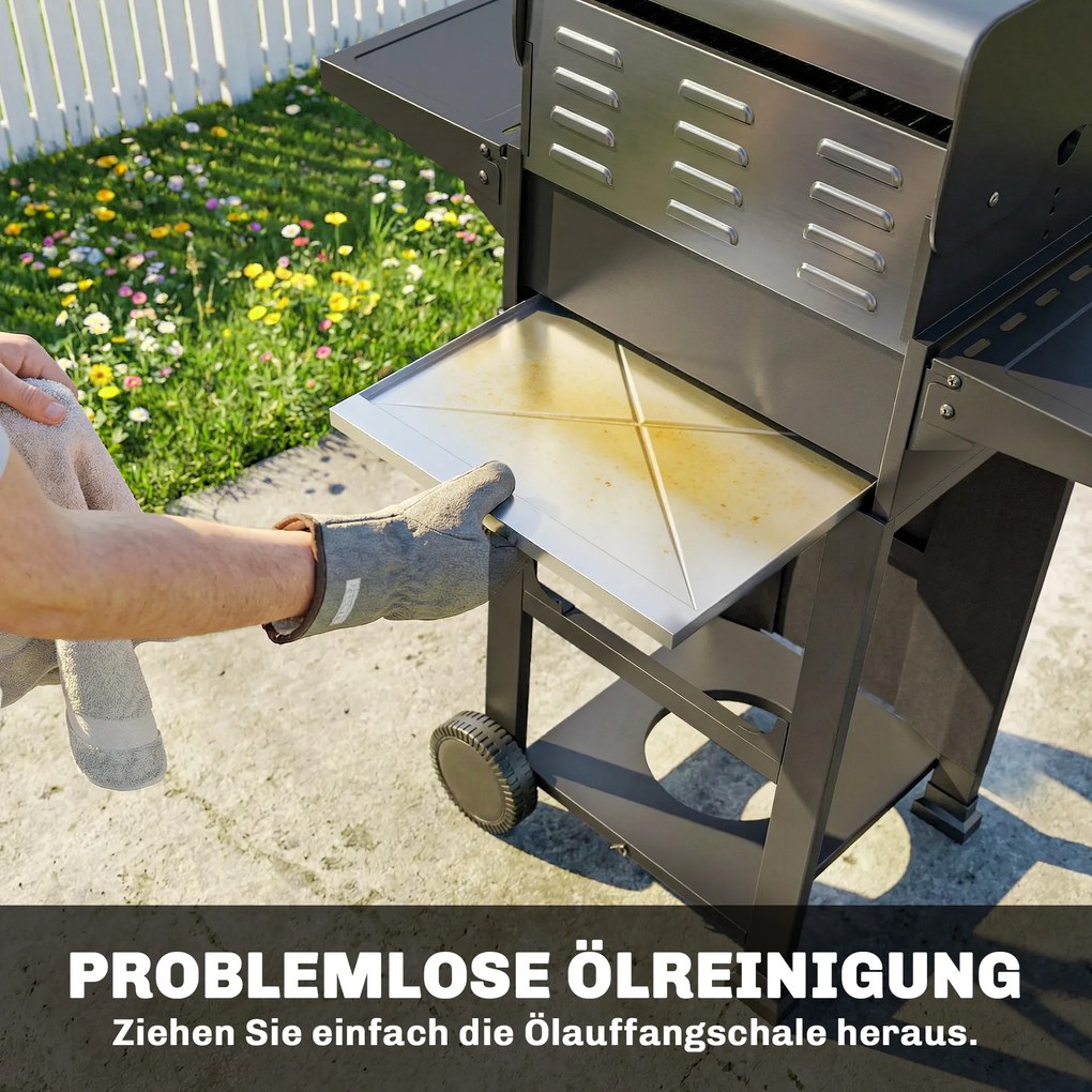 Outsunny Grătar pe gaz 5,4 KW 2 arzătoare Cărucior BBQ din oțel incl. masă laterală rabatabilă Termometru gril cromat Grătar pentru menținere la cald | Aosom Romania