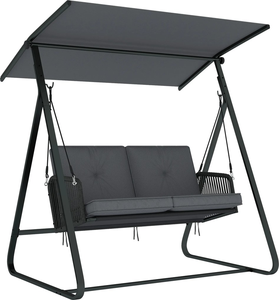 Outsunny Balansoar de grădină pentru 2 persoane din rășină împletită, leagăn exterior cu acoperiș reglabil și pernă groasă, gri | Aosom Romania