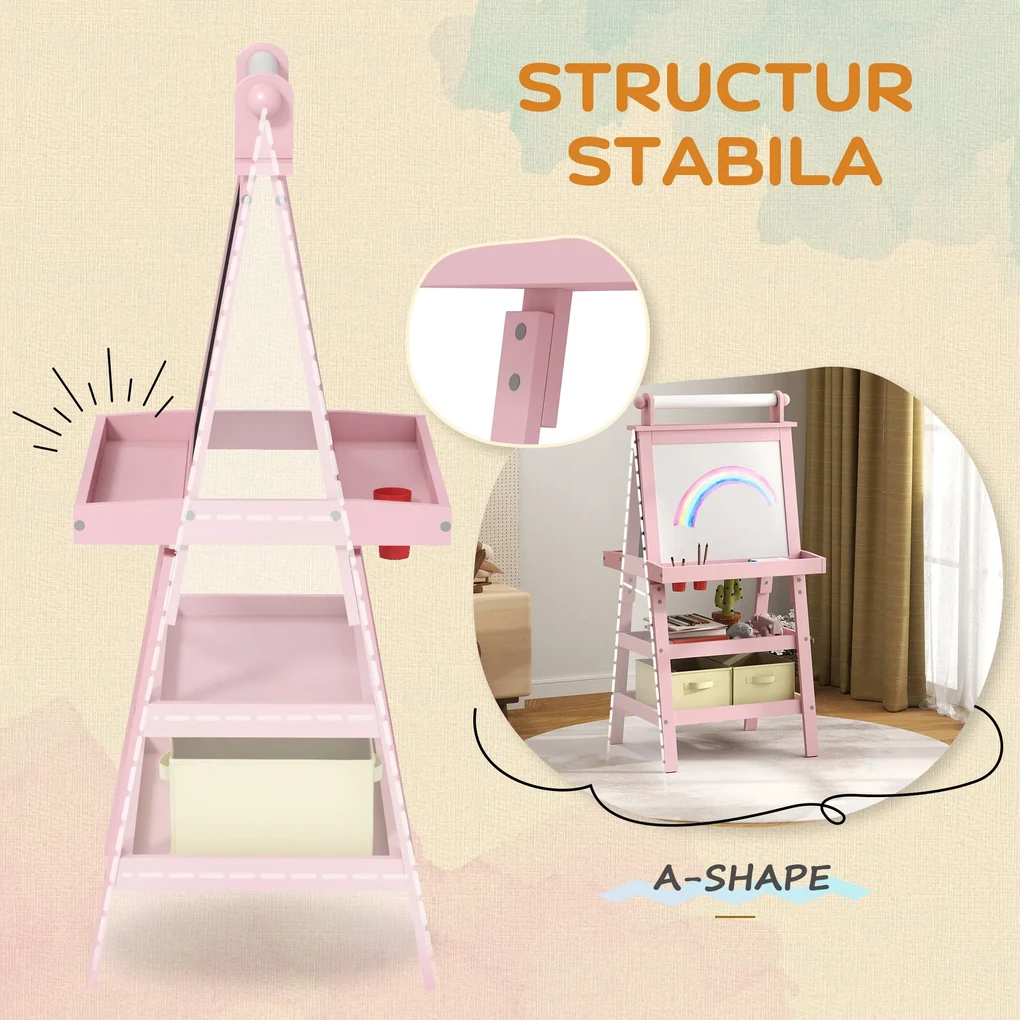 AIYAPLAY Tablă de Desen Dublă Pentru Copii 3-6 Ani, 59x48x118 cm, Roz | Aosom Romania
