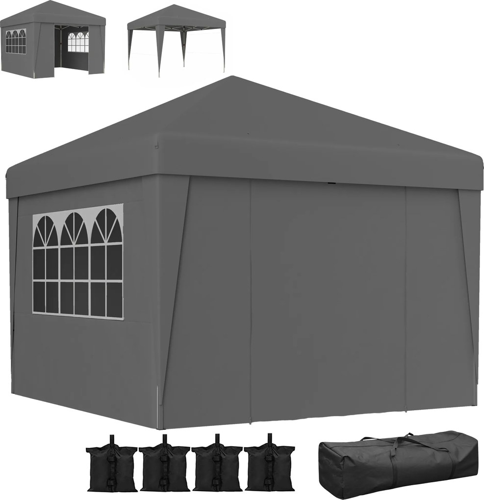 Outsunny Tonelă de grădină pliabilă 3 x 3 x 2,75 m anti-UV 30 + cu ferestre + pereți laterali + sac de transport gri închis | Aosom Romania