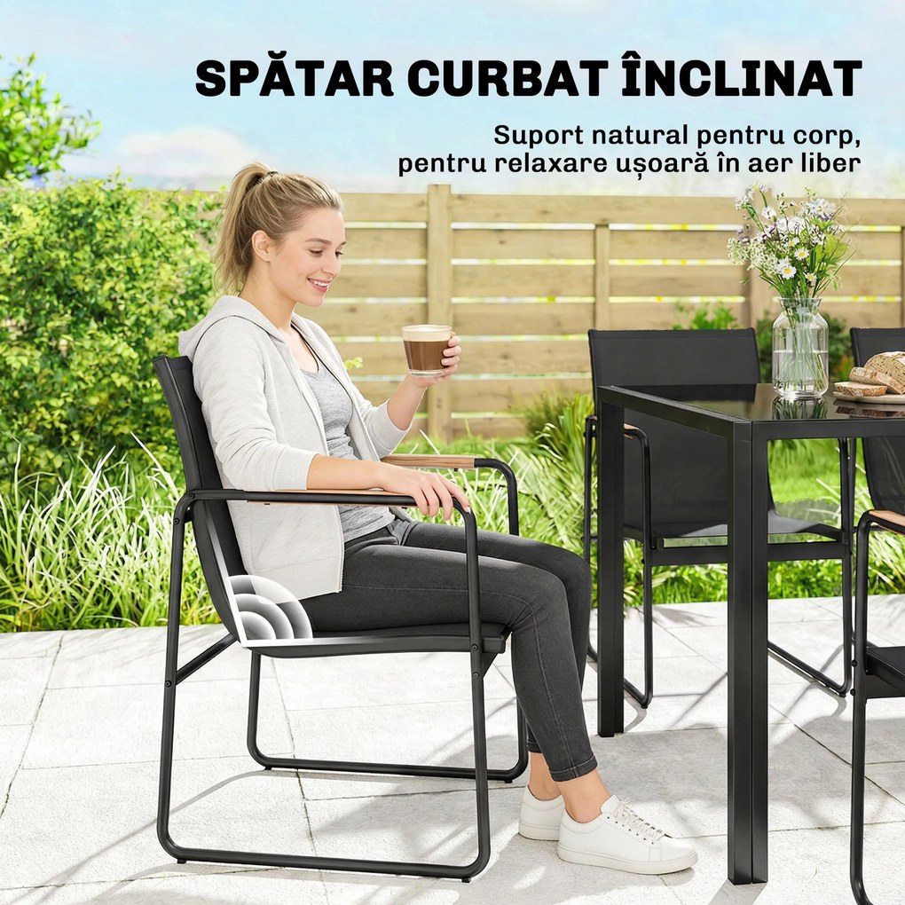 Outsunny Set Masă și Scaune de Grădină 7 Piese, Set Prânz Exterior cu Masă din Sticlă Temperată, 6 Scaune din Texteline Respirabil, Cotiere Decorative, Structură din Oțel pentru Terasă Balcon, Negru | Aosom Romania