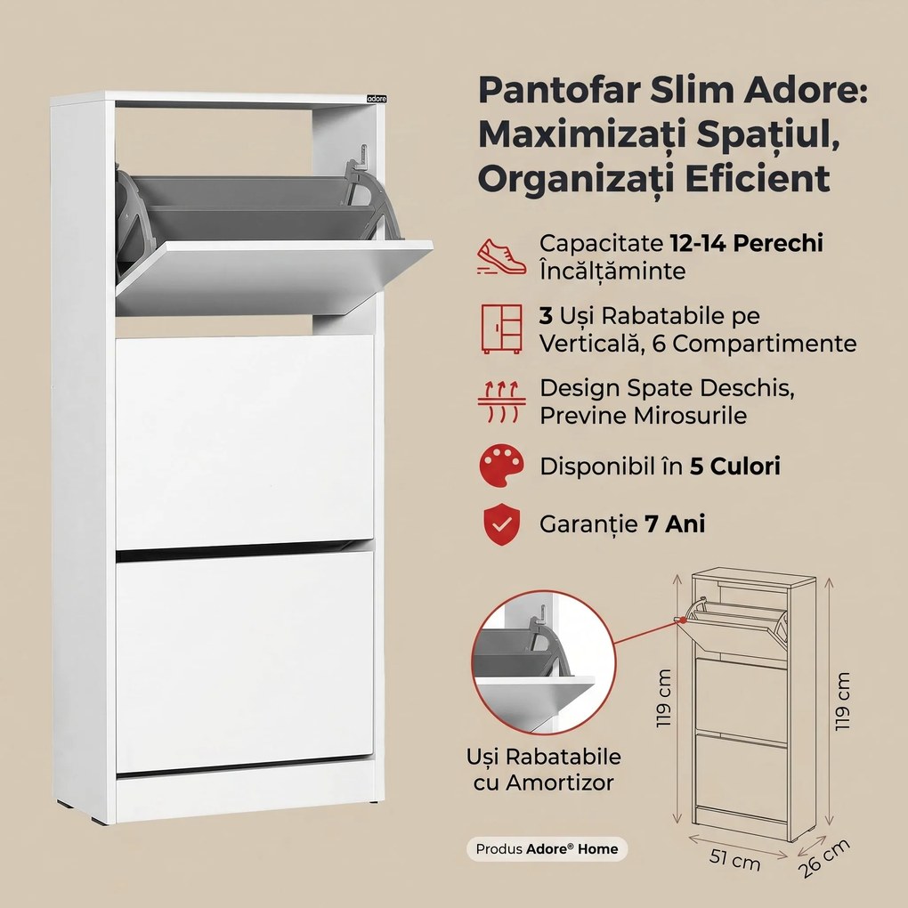 Pantofar Adore Compact Plus, 12 Perechi, 3 Compartimente, 51 x 119 x 26 cm