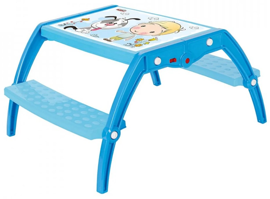 Masuta copii din plastic aditivat cu doua bancute Novokids™ Study Table, 95X78X49 cm, Suprafata lucioasa, Model Baietel cu Catelus, Albastru