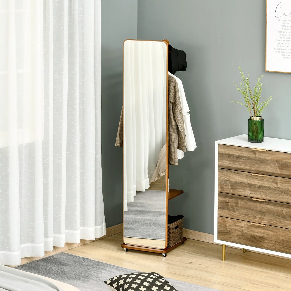 HOMCOM Oglinda de Podea cu Rafturi si Cuier Suspendat din MDF/Sticla Oglinda si Dulap Stabil , 40x44.5x170 cm, Nuc