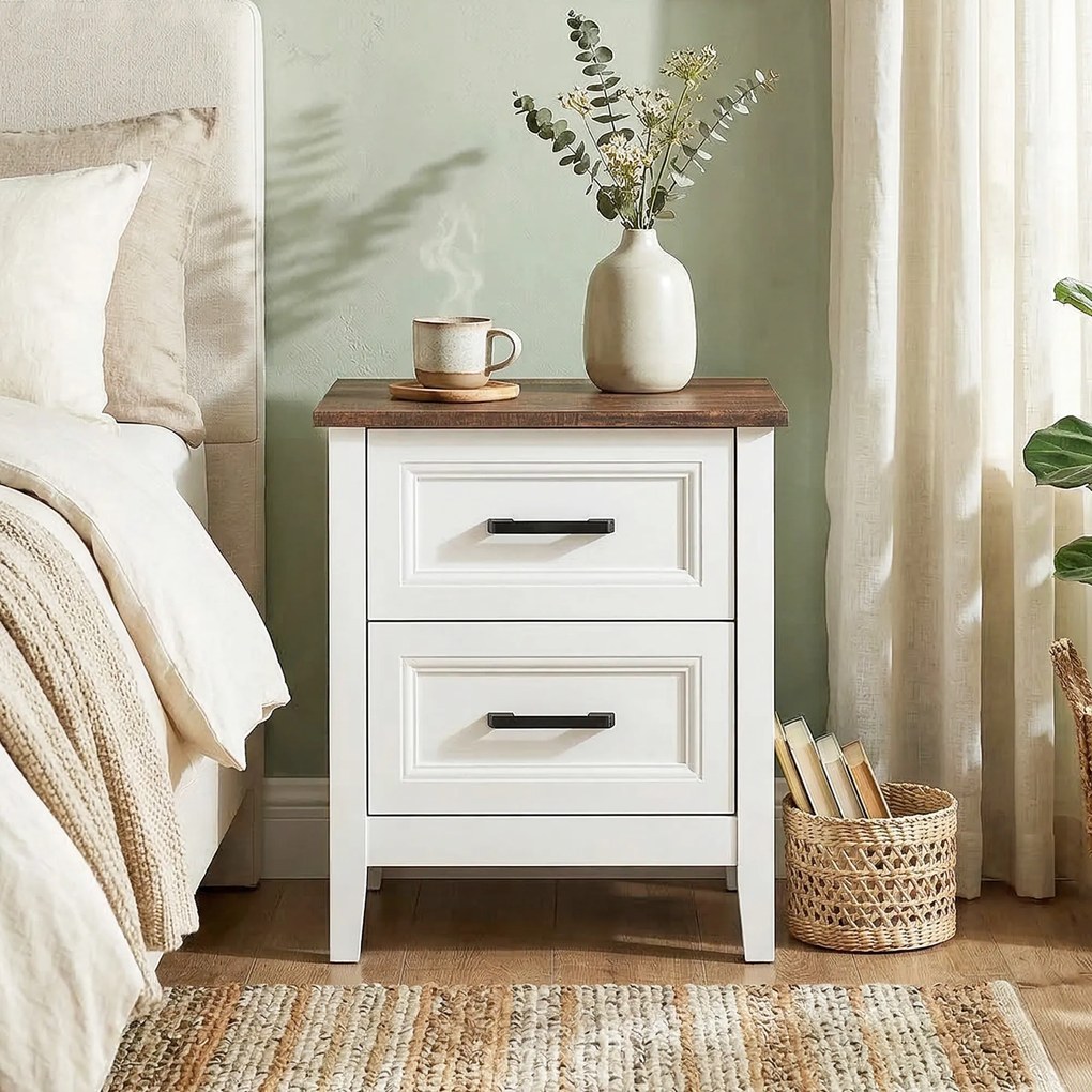 HOMCOM Noptieră cu 2 Sertare Stil Rustic Noptieră pentru Salón Dormitor 45x30x50 cm Alb | Aosom Romania