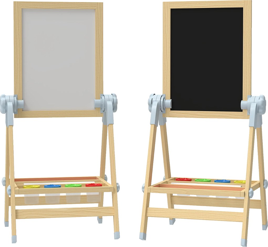 AIYAPLAY Șevalet pentru copii cu tablă dublă pentru cretă și markere, tablă magnetică și tăviță pentru accesorii, rolă de hârtie inclusă, lemn natur | Aosom Romania