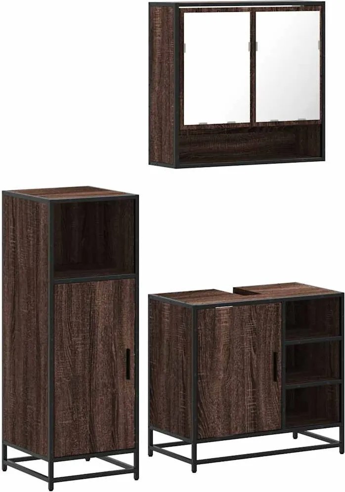 vidaXL Set mobilier de baie, 3 piese, stejar maro, lemn prelucrat
