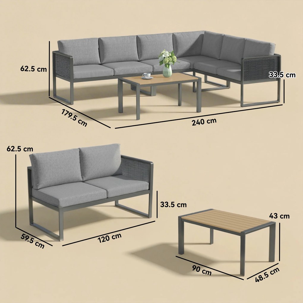 Outsunny Set mobilier de grădină exterior colțar modulabil 6 persoane, canapele, masă de cafea și perne, gri închis | Aosom Romania