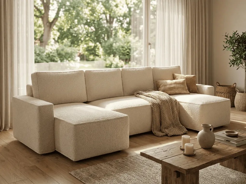 Canapea extensibila in forma de U SMART BOUCLE, crem, 303x140 cm