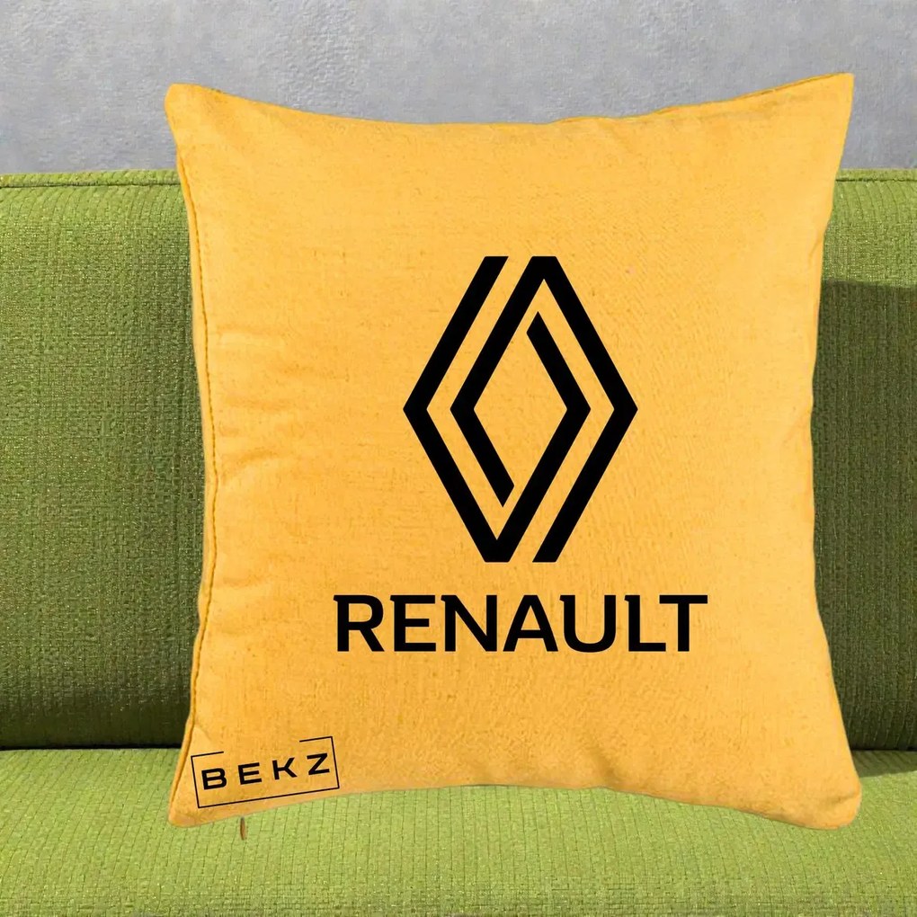 Perna Personalizata cu emblema Renault, 40x40 cm, Galben, Husa Detasabila, Perna Inclusa, BEKZ®