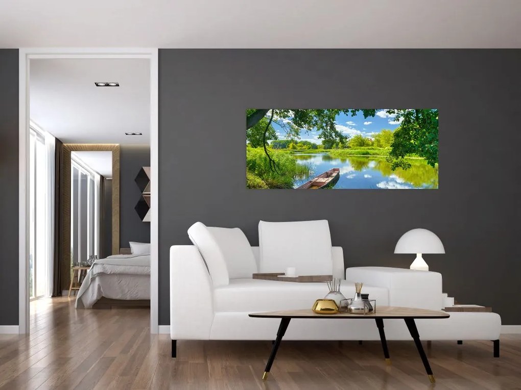 Tablou cu râu de vară și barcă (120x50 cm)