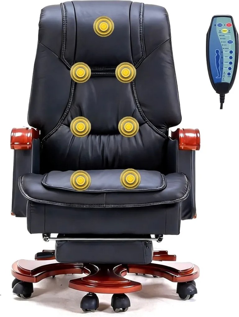 Regal Prestige– Scaun directorial din Piele Naturală si Lemn Masiv, Masaj in 7 puncte, Funcție Încălzire, Înclinare 135°, Suport Picioare Extensibil, Sezut cu Arcuri, Telecomandă, Negru