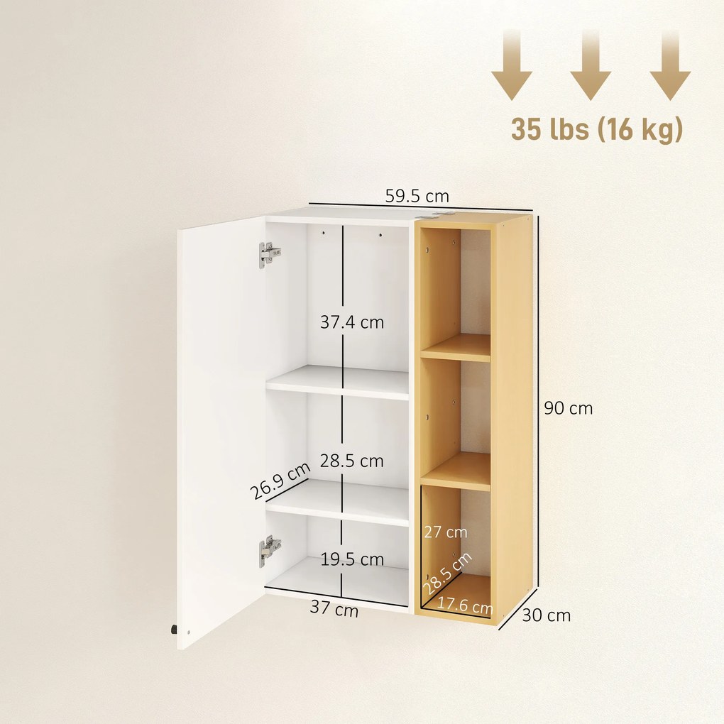 HOMCOM Dulap de Baie Suspendat cu Uși Soft Close, Dulap de Baie Suspendat cu Rafturi Reglabile și 3 Rafturi Deschise, 59.5x30x90 cm, Alb și Culoare Lemn | Aosom Romania