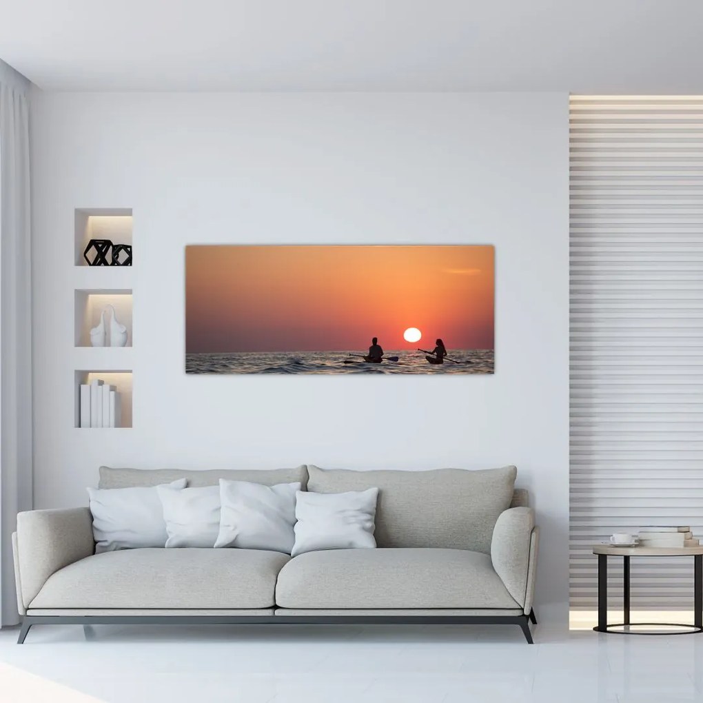 Tablou cu canoiști în apus de soare (120x50 cm)