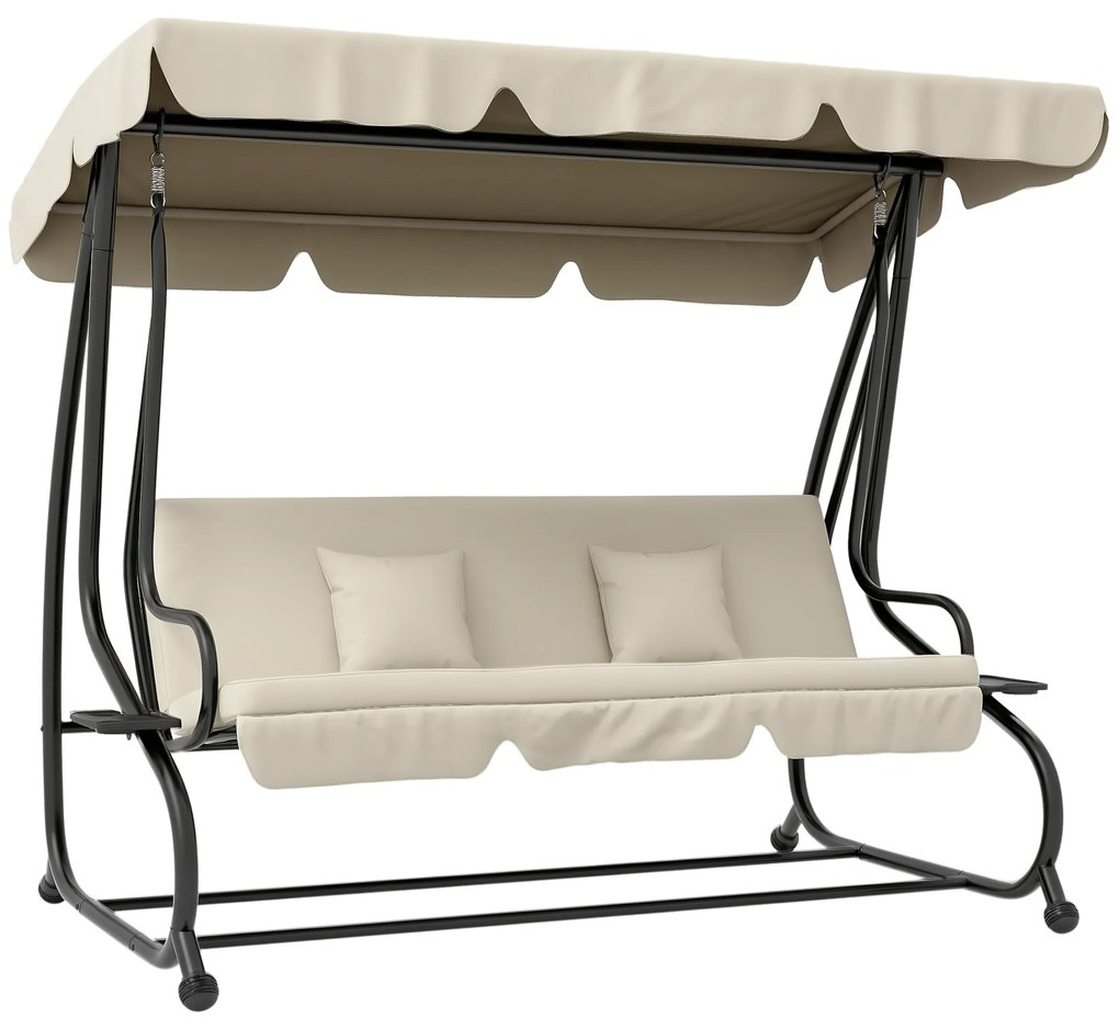 Outsunny Pat de Grădină, Balansoar cu Acoperiș Reglabil și Suport pentru Pahare, Balansoar de Grădină din Oțel și Poliester, 200x120x164 cm, crem