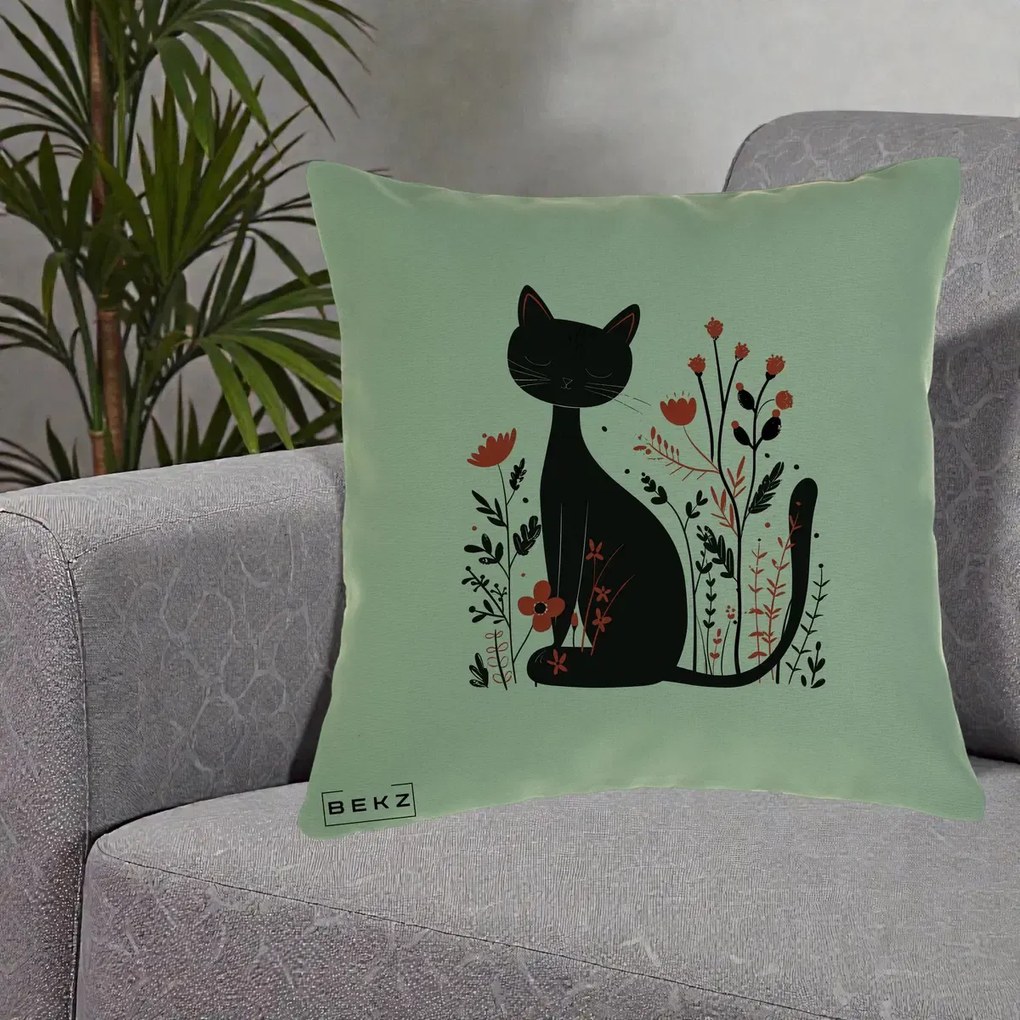 Perna Decorativa Pisica Neagra Flori Rosii Folk Minimal, 40x40 cm, Verde, Husa Detasabila, Perna Inclusa, BEKZ®