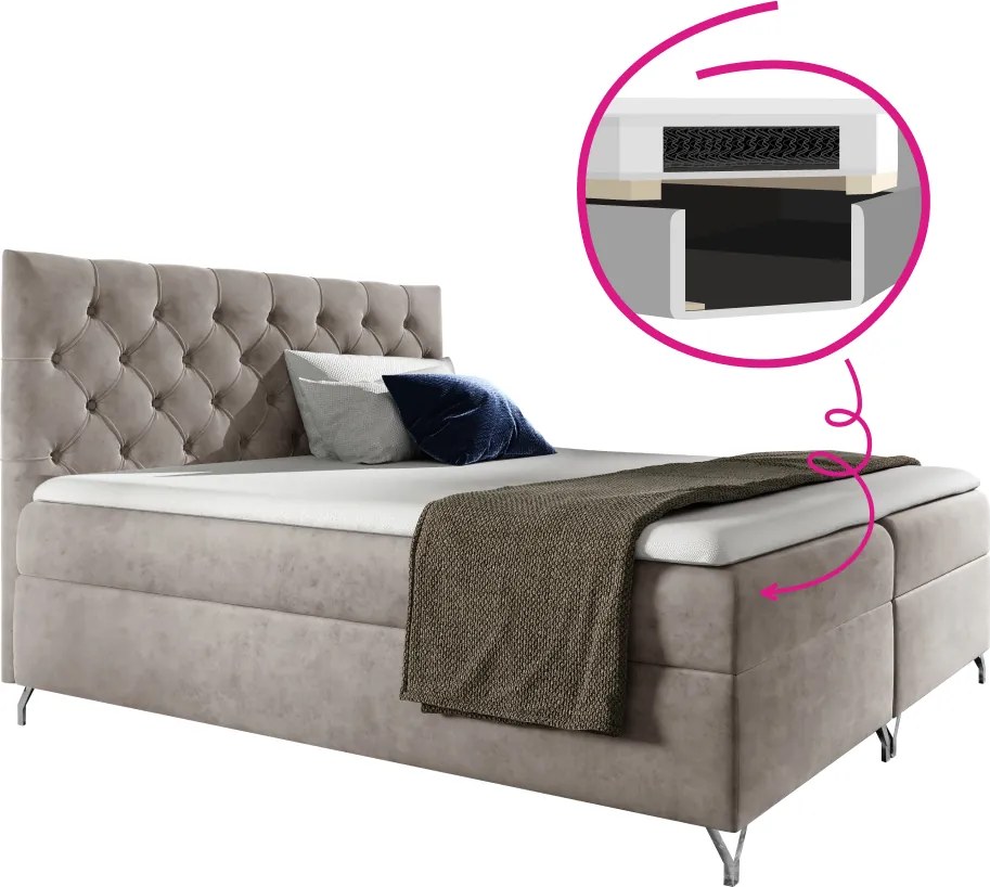 Pat cu boxspring, 140x200, ţesătură gri-bej Taupe Velvet, GULIETTE + cadou