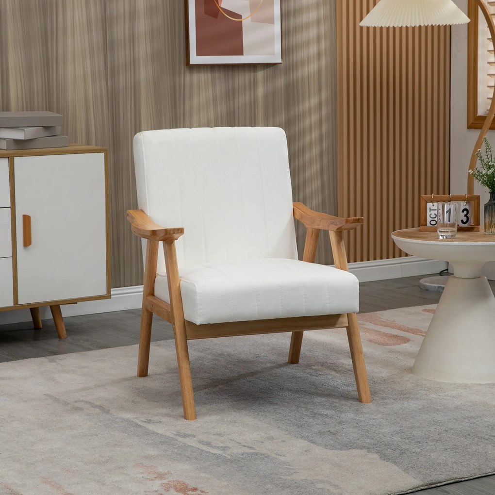 HOMCOM Fotoliu Tapitat în Design Scandi, Aspect de catifea, Cadru din Masiv de Lemn, 68 x 74 x 82cm, Crem | Aosom Romania