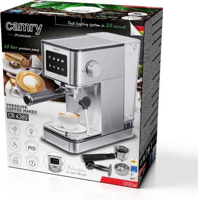 Aparat de espresso 7-în-1 Camry CR 4389, 1200 W, 20 bar, 1,7 l, control PID, panou LCD tactil, încălzire cești, extracție la rece, oțel inoxidabil