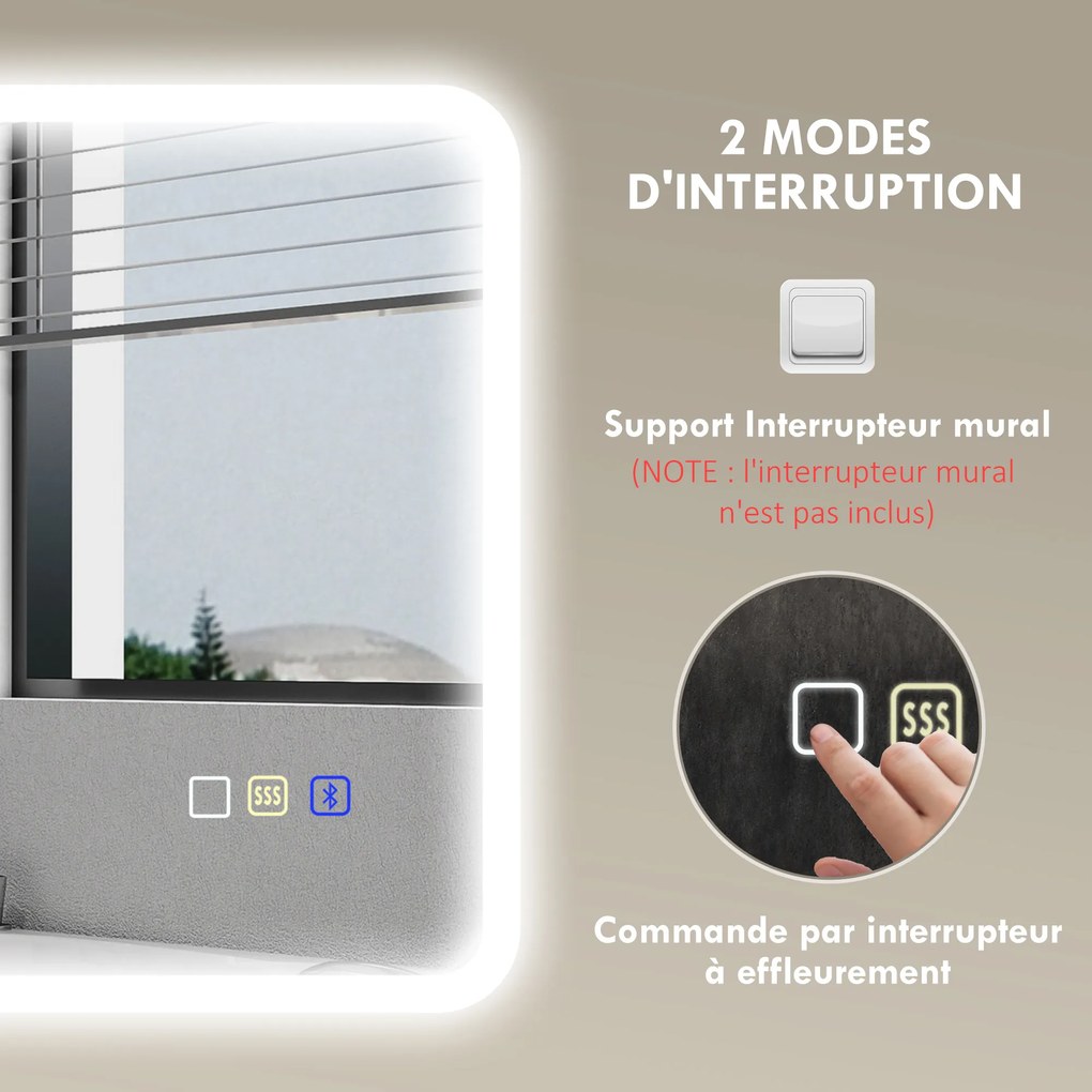 HOMCOM Oglindă pentru baie LED bluetooth 50 x 70 cm comutator tactil lumina reglabilă 3 culori anti-abur memorie argintiu | Aosom Romania