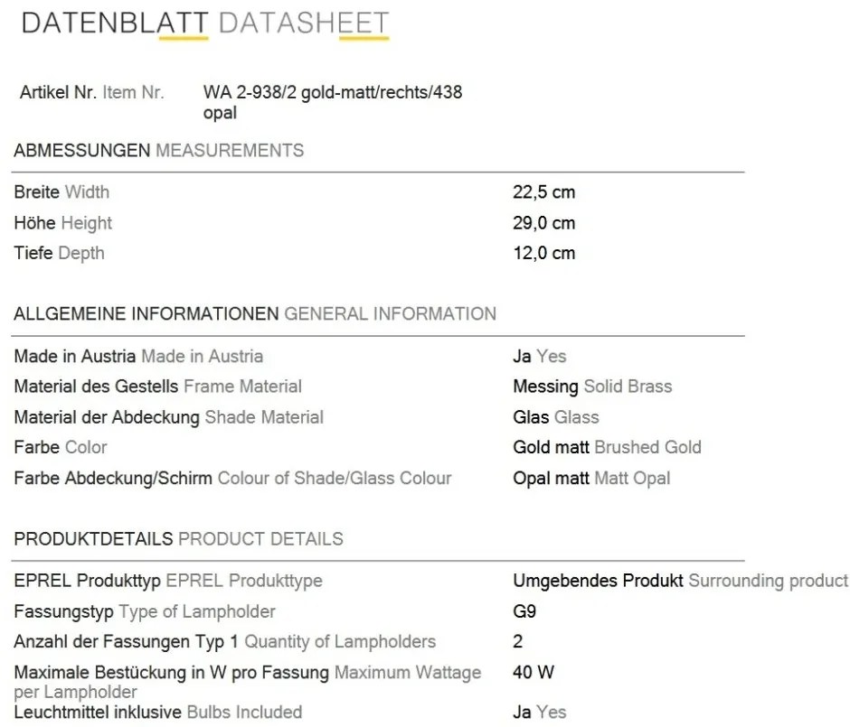 Aplica de perete design modern OPALDESIGN 2L dreapta, auriu mat