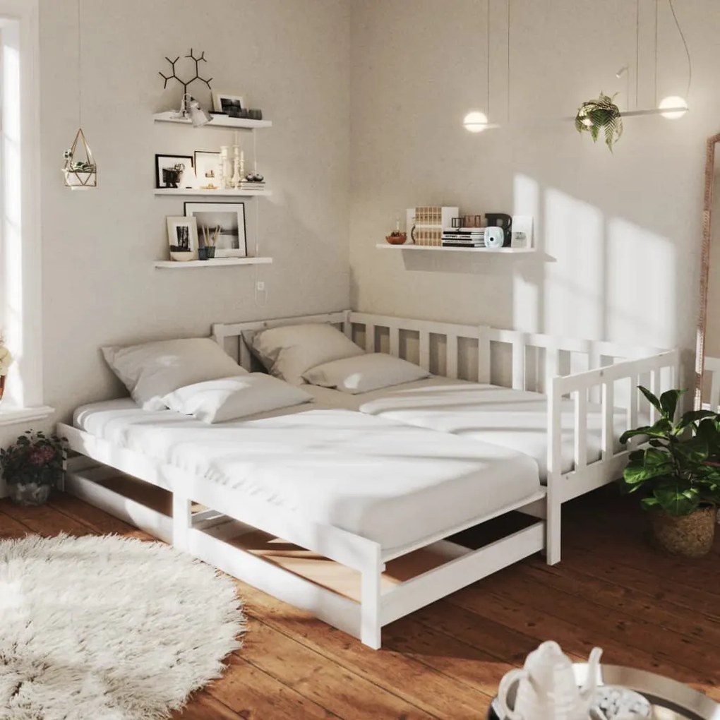 3083705 vidaXL Pat extensibil de zi, 2x(90x200) cm, alb, lemn masiv de pin