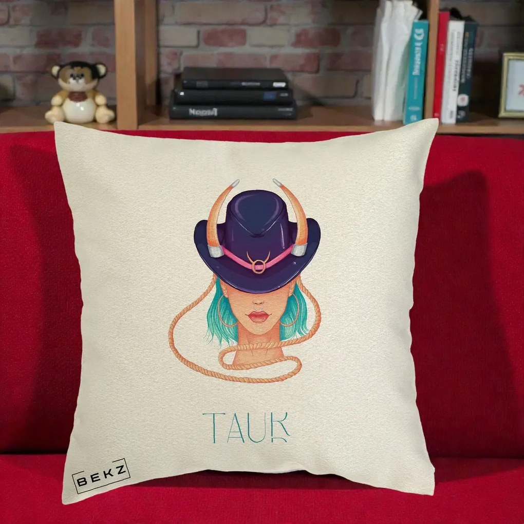 Perna Personalizata Zodie Taur, 40x40 cm, Ecru, Husa Detasabila, Perna Inclusa, BEKZ®