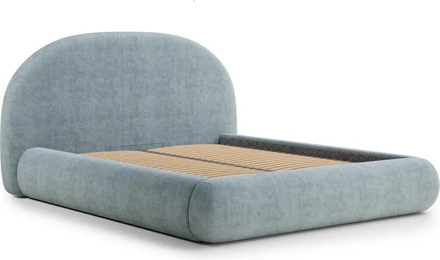 Pat matrimonial albastru deschis tapițat cu spațiu de depozitare cu somieră 180x200 cm Maumere – Maison de Rêve