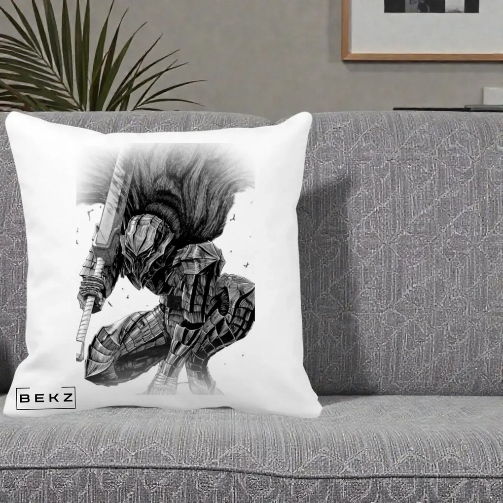 Perna Personalizata Berserk Guts Armor of Darkness Manga, 40x40 cm, Alba Mata, Husa Detasabila, Perna Inclusa, BEKZ®