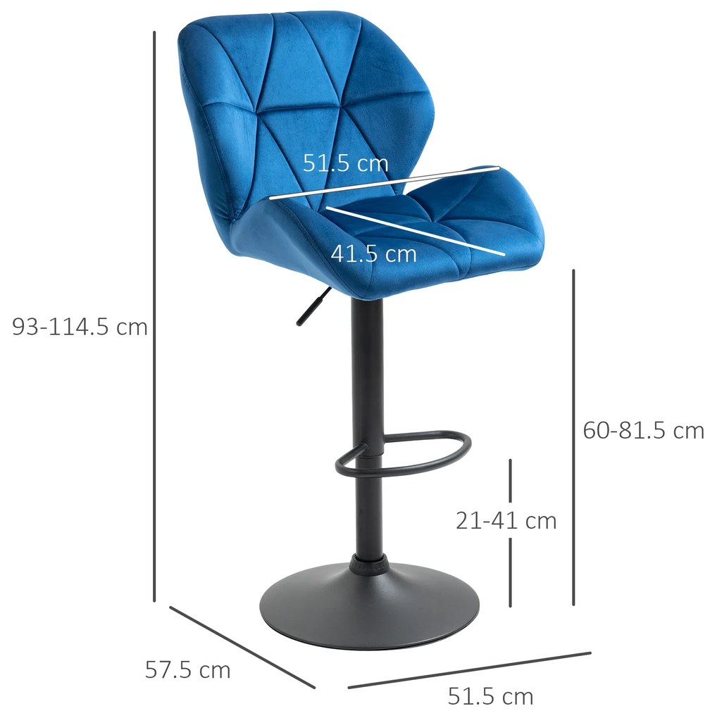 Set 2 scaune de bar, rotative inaltime reglabila, catifea albastra, 51.5x57.5x93-114.5 cm HOMCOM | Aosom Romania