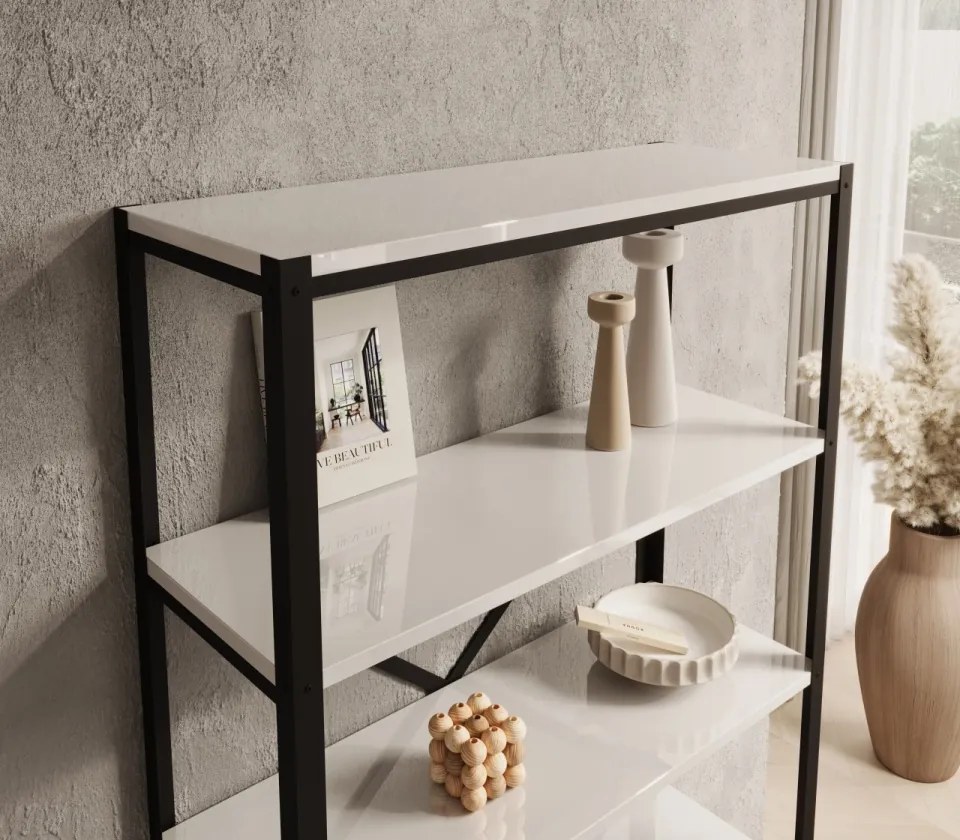 Raft metalic pentru carti, 80x146.8x30 cm, Rene, ADRK Furniture (Culoare: Negru / Alb Lucios)