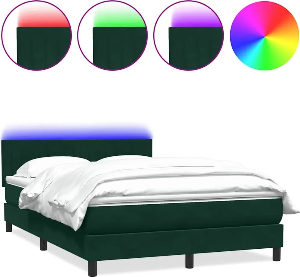 vidaXL Pat cu arcuri cu saltea și LED, verde închis, 160x220 cm, catifea