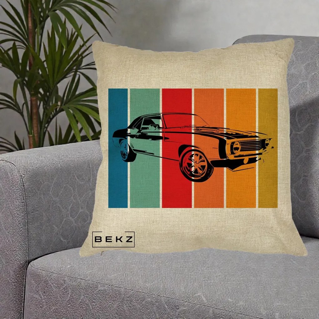 Perna Personalizata Masina Retro Muscle Car Grafic, 40x40 cm, Crem, Husa Detasabila, Perna Inclusa, BEKZ®