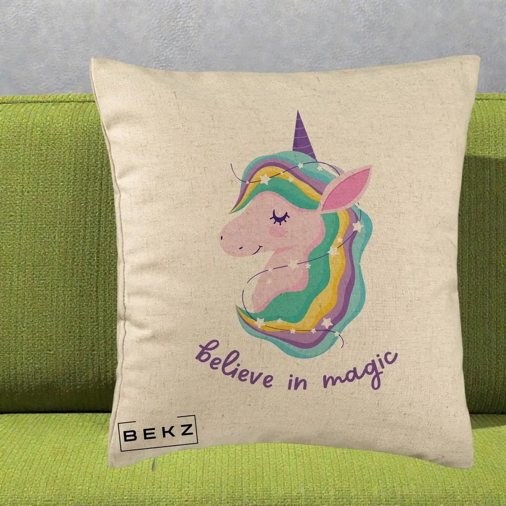 Perna Decorativa Unicorn Believe in Magic, 40x40 cm, Bej, Husa Detasabila, Perna Inclusa, BEKZ®
