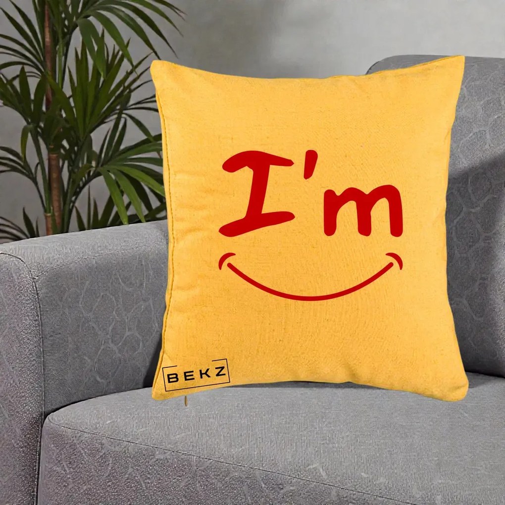 Perna Decorativa I'm Happy Smile, 40x40 cm, Galben, Husa Detasabila, Perna Inclusa, BEKZ®