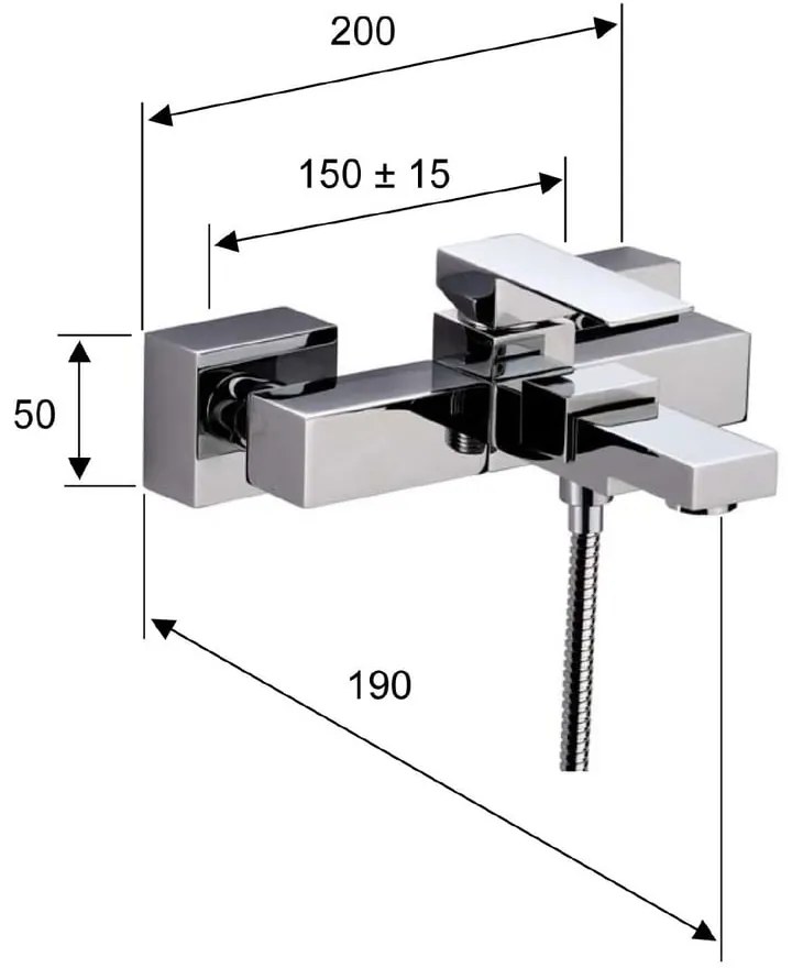 Baterie argintiu-lucios pentru cadă cu montare pe perete (2 ieșiri) Latus – Sapho