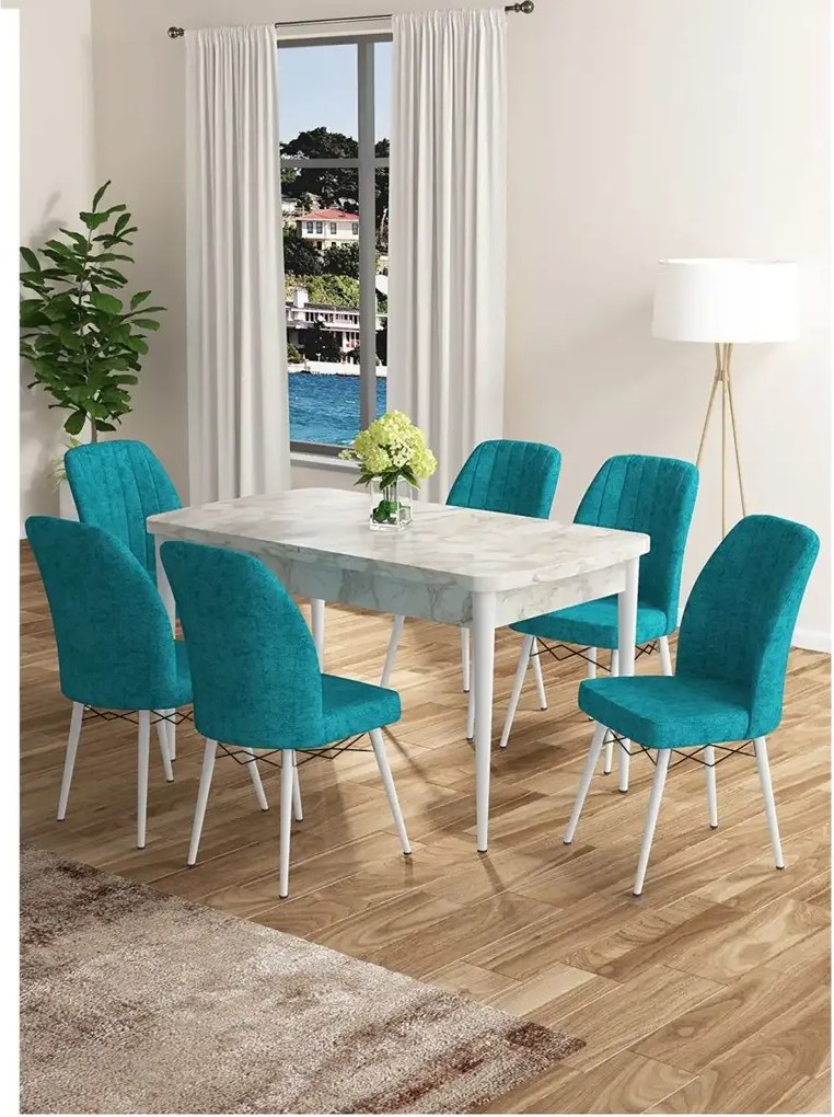 Set masa extensibila cu 6 scaune tapitate Homs cargold 250-30355,turcoaz, 170 x 80 cm