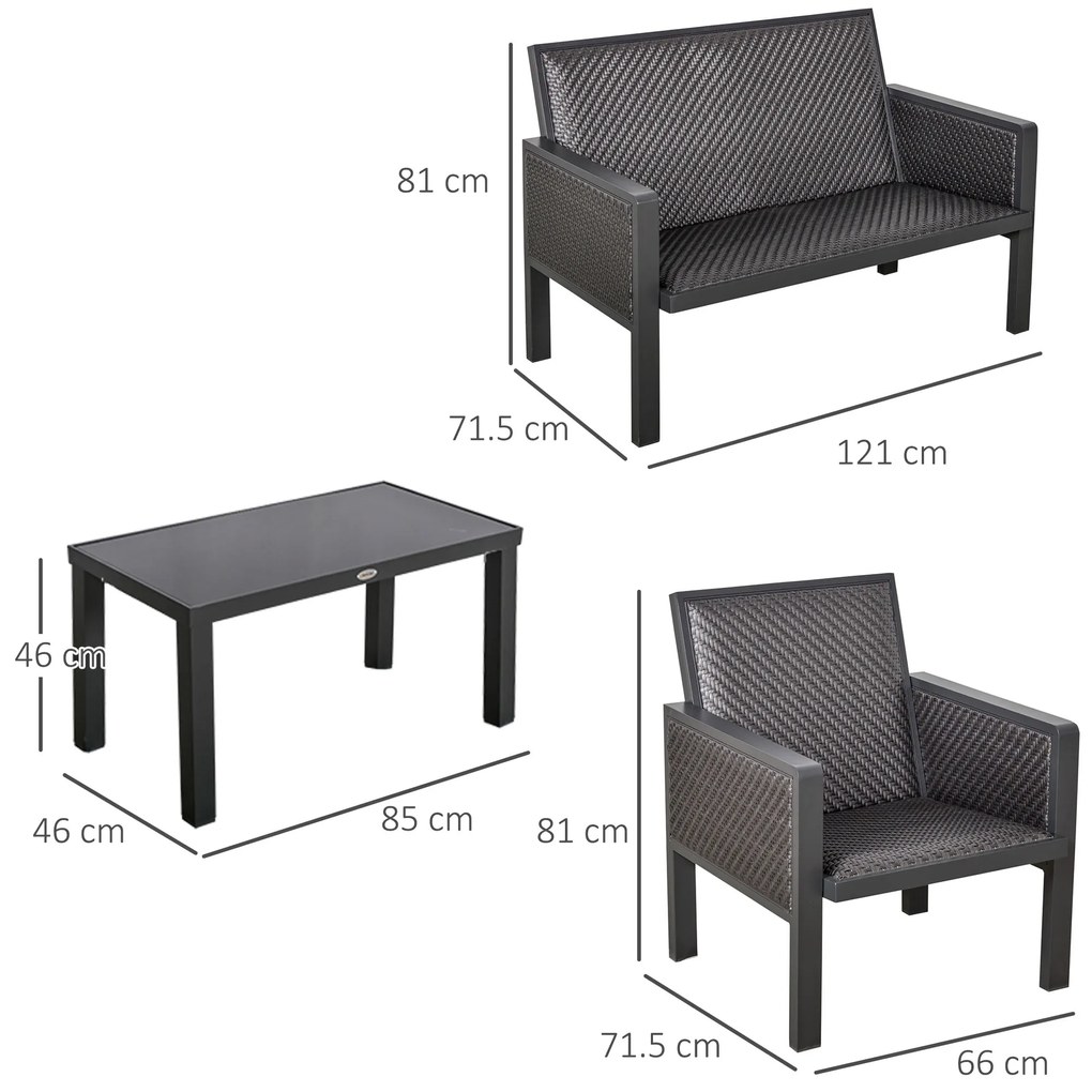 Outsunny Salon de Gradina Complet, Set 4 Piese, Canapea + Masuta, Ratan Sintetic Durabil, Gri, Ideal pentru Patio sau Terasa | Aosom Romania