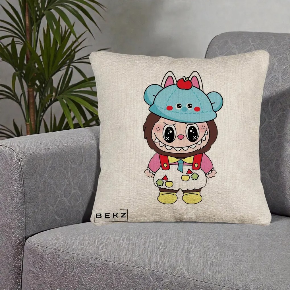 Perna Personalizata Labubu x Urs Albastru Colorat, 40x40 cm, Bej Canapea, Husa Detasabila, Perna Inclusa, BEKZ®