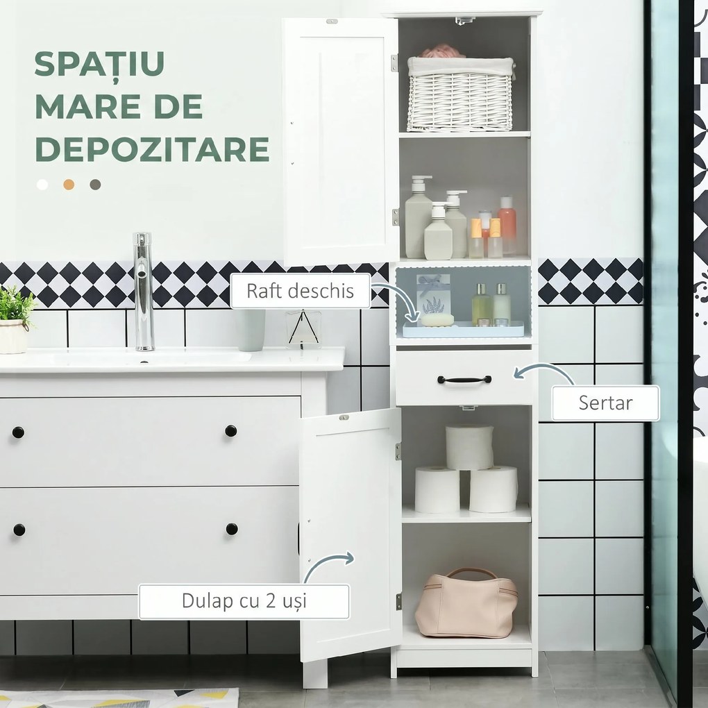 kleankin Dulap Modern pentru Baie, Mobilier Îngust cu Raft Deschis, Sertar, Uși Încastrate și Rafturi Ajustabile Alb | Aosom Romania