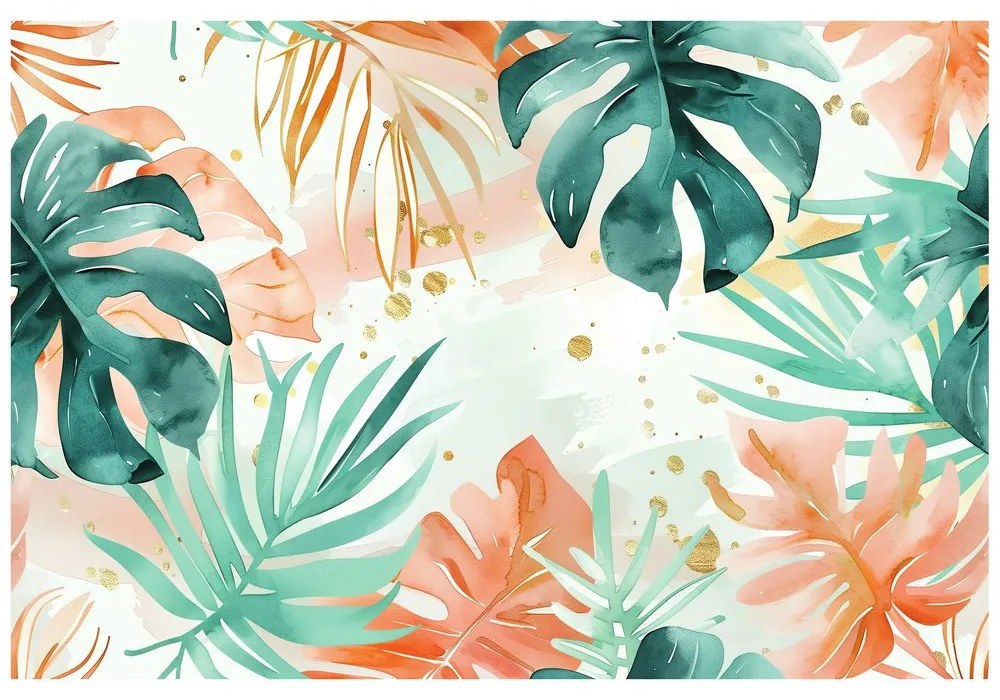 Tapet frunze tropicale verde-portocaliu