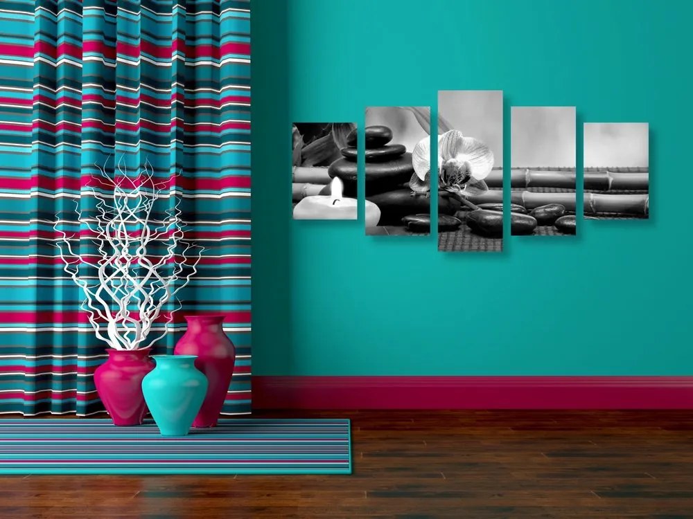Tablou 5-piese natura moartă Feng Shui în design alb-negru