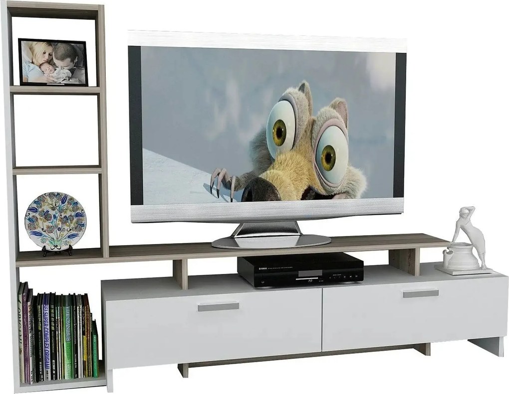Mobilier living SIMAL, alb/stejar deschis, PAL melaminat, 2 piese