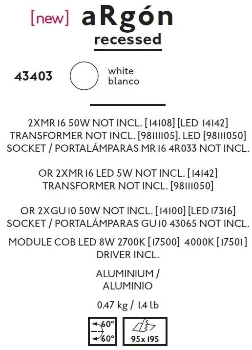 Rama Spot directionabil, incastrabil, alb, dim. 20x11cm ARGON-2, 43403