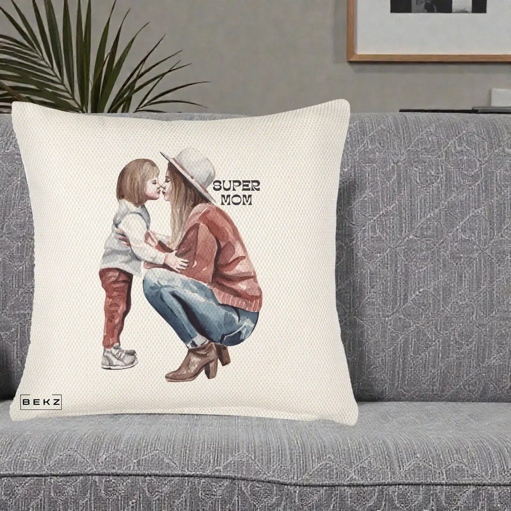 Cadou pentru Mama - Perna Personalizata Super Mom Acuarela, 40x40 cm, Crem Reliefat, Husa Detasabila, Perna Inclusa, BEKZ®