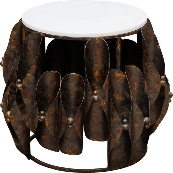 Măsuță laterală rotundă din metal, maro, cu blat din marmură albă și bază din petale de metal, finisaj patinat, 52 x 62 cm, „Ondralis”