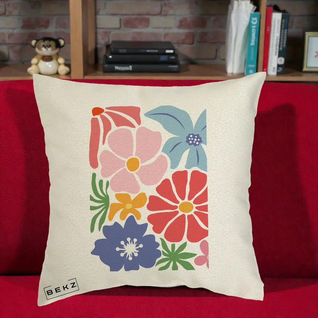 Perna Decorativa Flori Grafice Roz-Rosu-Albastru, 40x40 cm, Ecru, Husa Detasabila, Perna Inclusa, BEKZ®