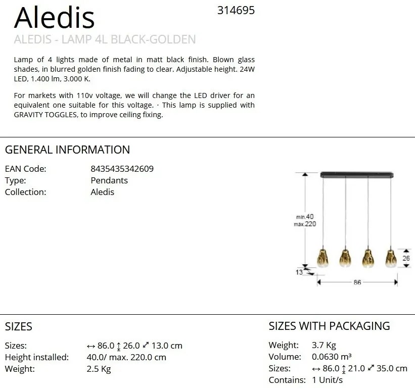 Lustra cu 4 pendule LED design modern Aledis negru/ auriu