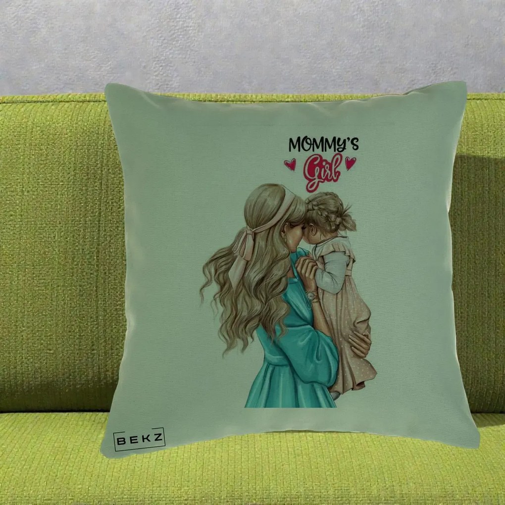Cadou pentru Mama - Perna Personalizata Mommy's Girl Mama si Fetita, 40x40 cm, Verde, Husa Detasabila, Perna Inclusa, BEKZ®